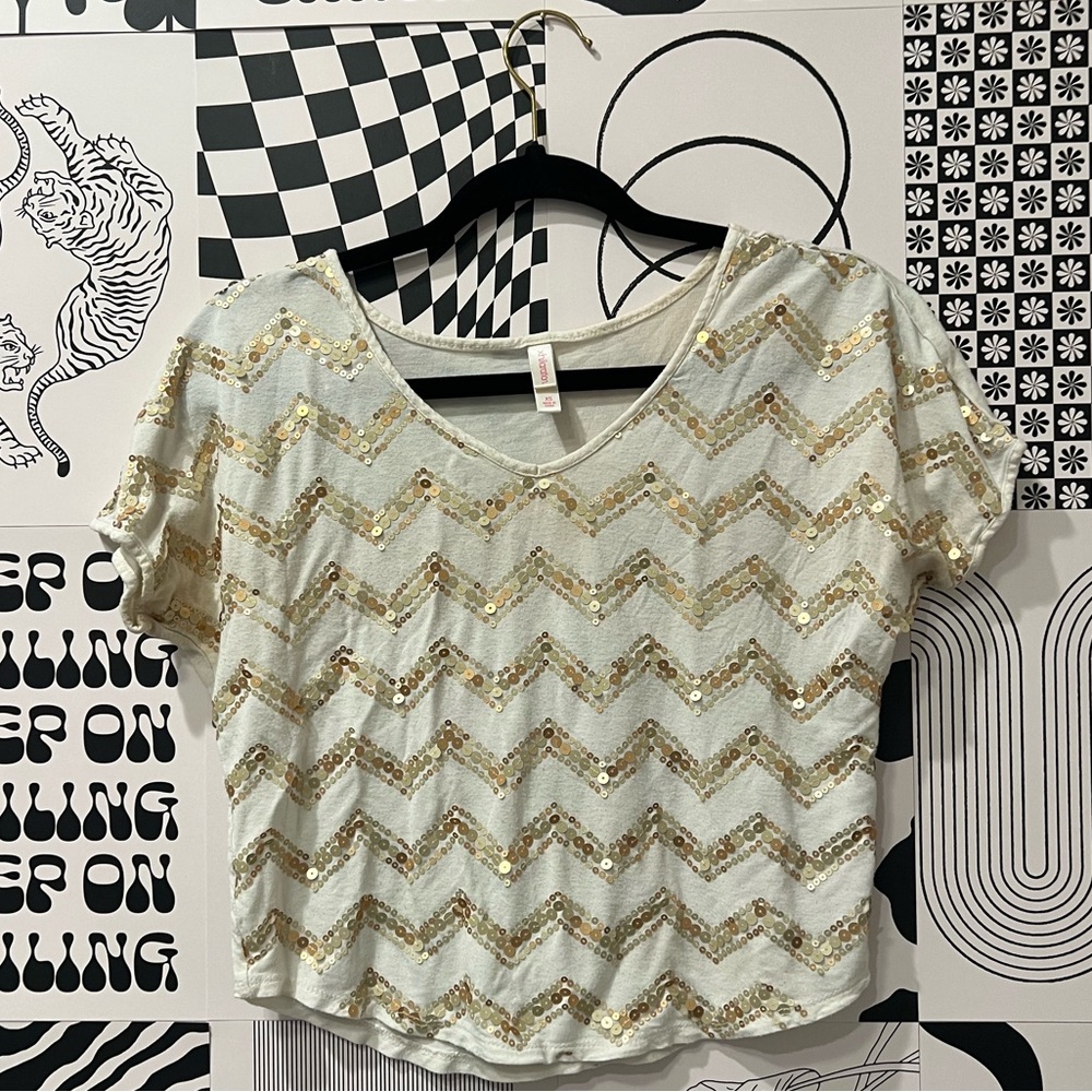 Gold Sequin XS Cream/White Top